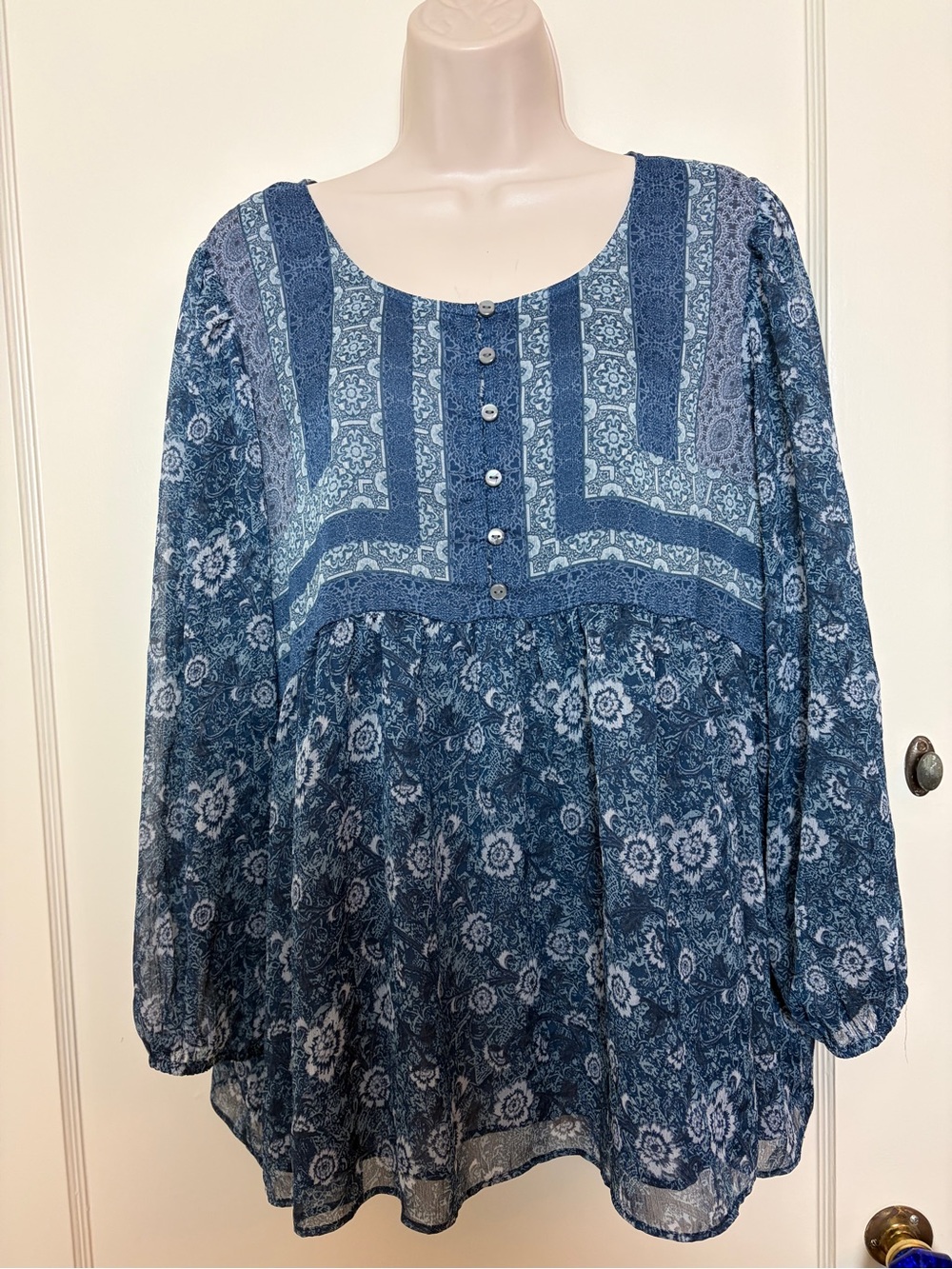 Lucky Brand Blue Floral Tunic Blouse with Sheer Sleeves